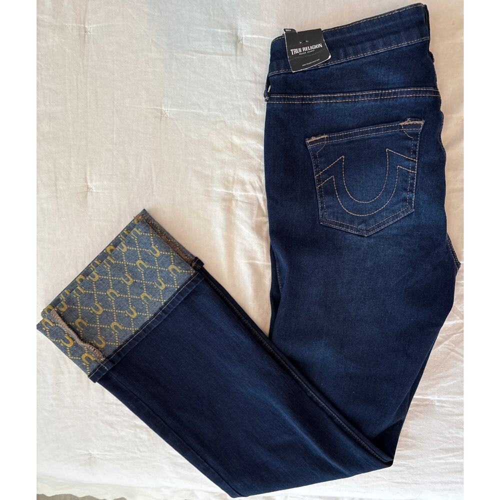 NWT True Religion Becca Mid Rise Bootcut Jeans Dark Wash Sz 29 Embellished Cuff
